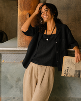 Black Half Sleeve Linen Shirt for Women – Breathable, Handcrafted Sustainable Essential