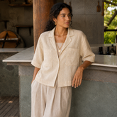 Khaki Half Sleeve Linen Shirt for Women – Breathable, Handcrafted Sustainable Essential