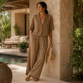 Brown Linen Co-Ord Set for Women – Breathable Sustainable Two-Piece Outfit (Pant and Shirt)