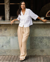 White Khaki Linen Co-Ord Set for Women – Breathable Sustainable Two-Piece Outfit (Pant and Shirt)